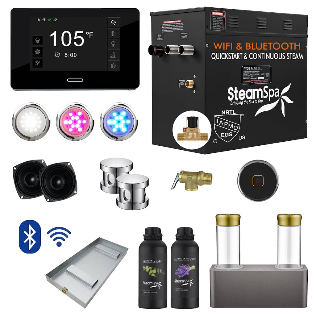 Black Series WiFi and Bluetooth 12kW QuickStart Steam Bath Generator Package with Dual Aroma Pump in Polished Chrome