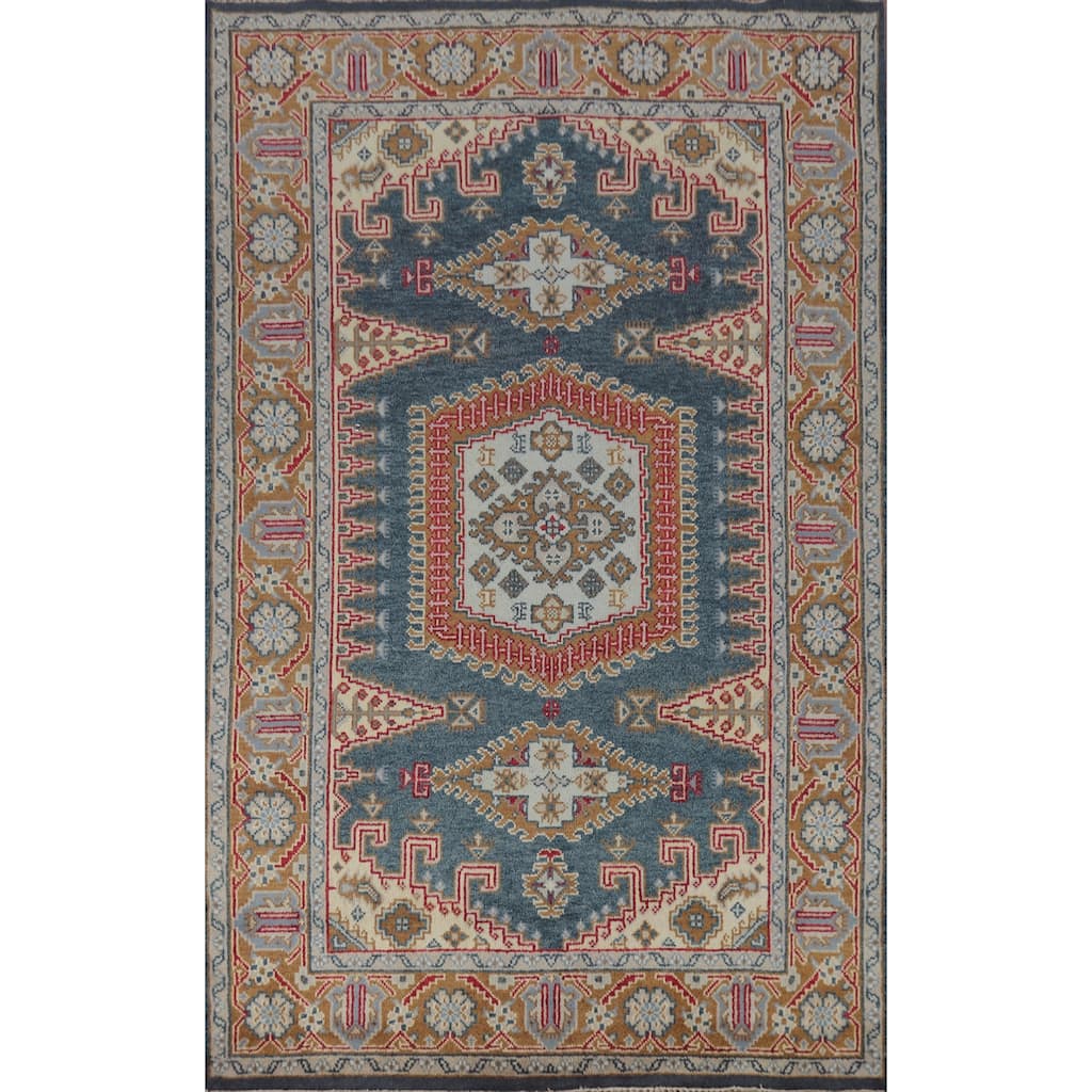 Blue Geometric Viss Indian Area Rug Hand-Knotted Wool Carpet - 5'10" x 9'0"