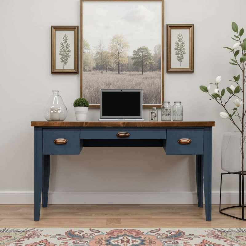 Bridgevine Home Nantucket 53 inch Writing Desk, No Assembly Required, Blue Denim and Whiskey Finish