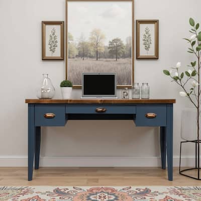 Bridgevine Home Nantucket 53 inch Writing Desk, No Assembly Required, Blue Denim and Whiskey Finish