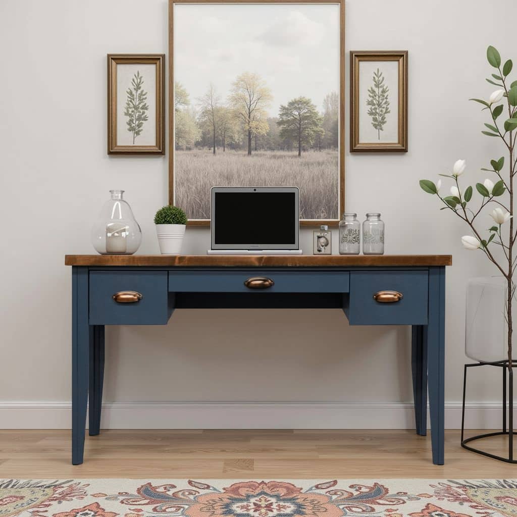 Bridgevine Home Nantucket 53 inch Writing Desk, No Assembly Required, Blue Denim and Whiskey Finish
