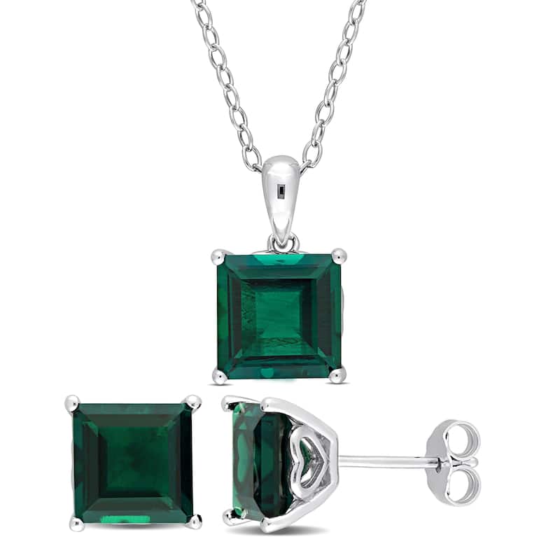 Miadora 7 5/8ct TGW Square Created Emerald Solitaire Necklace and Stud Earrings Set Sterling Silver