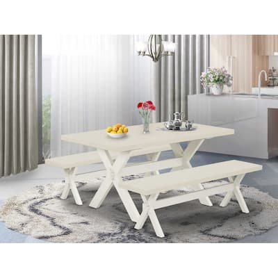HomeStock 3-Piece Rectangle Natural Oak Finish Solid Wood Top Dining Table with 2-Benches