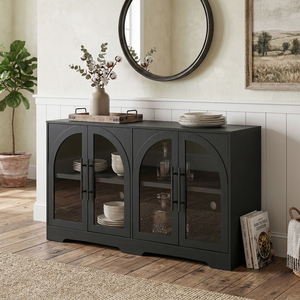247 Shop At Home Lenn Rustic Wood Frame Tempered Glass TV Console with Adjustable Shelves