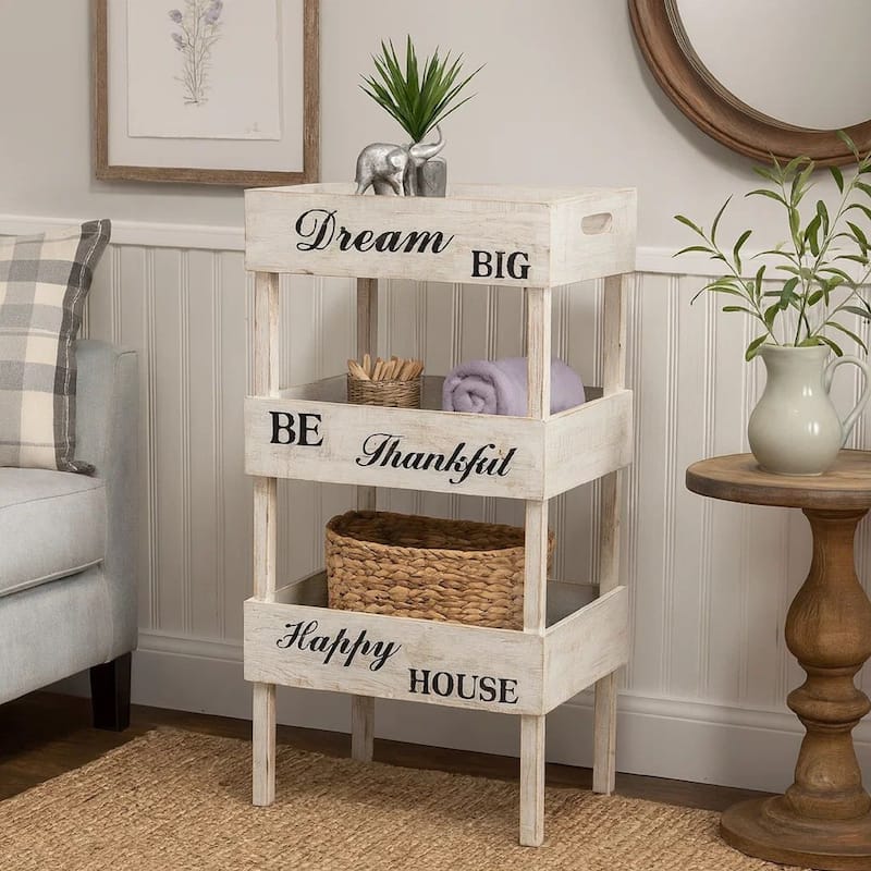 Wooden Storage Shelf with 3 Open Cases and Cut Out Handle, Antique White