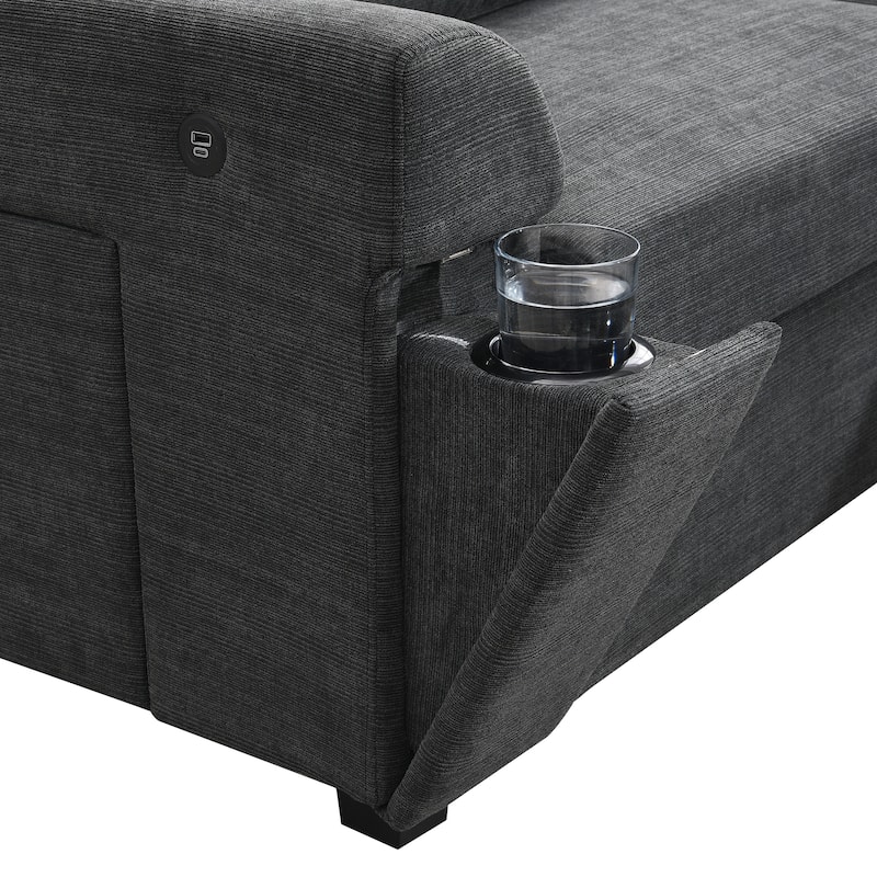 Chenille Sectional Sofa with Hidden Armrest Storage, Cup Holders, USB Charging Ports and Oversized Ottoman Chaise Lounge