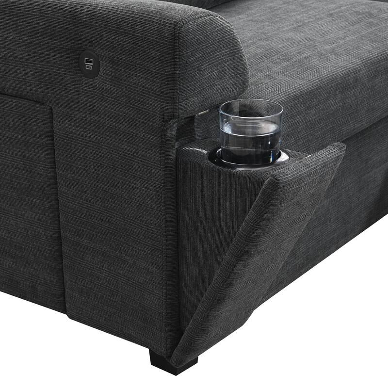 U Shaped Sectional Sofa with Ottoman, Chenille 6 Seater Sofa with Hidden Armrest Storage, Cup Holders & USB Charging Ports