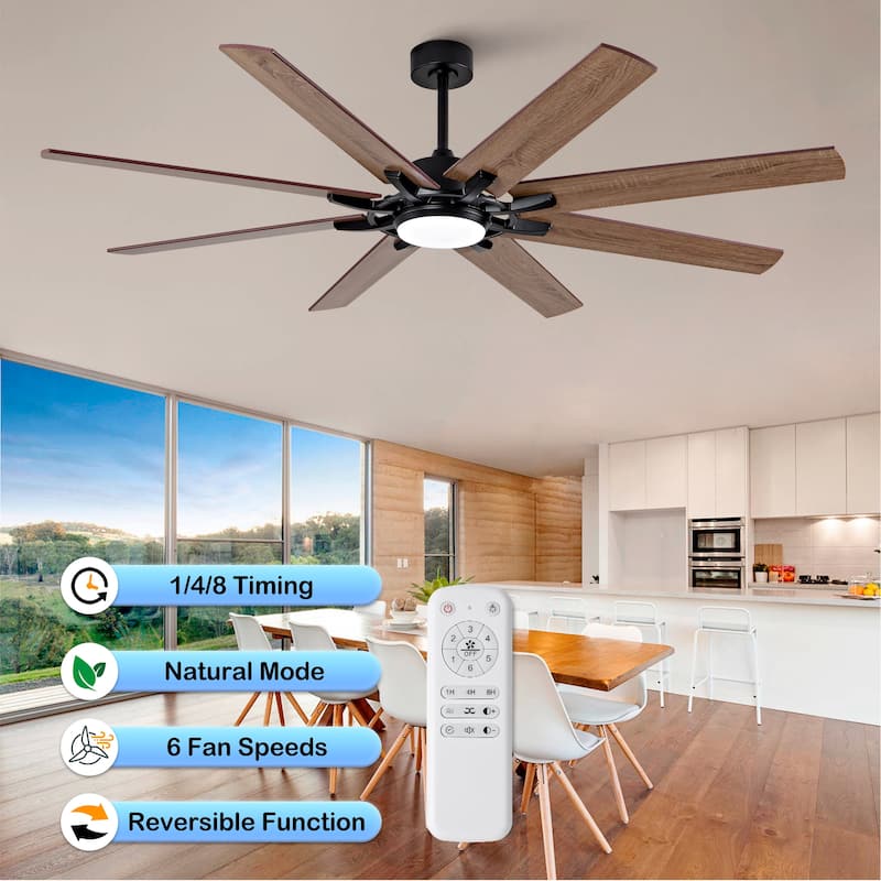 Large Ceiling Fan with Light: Modern 72-inch 8-Blade Outdoor Ceiling Fan with Remote Control - Black + Dark Walnut