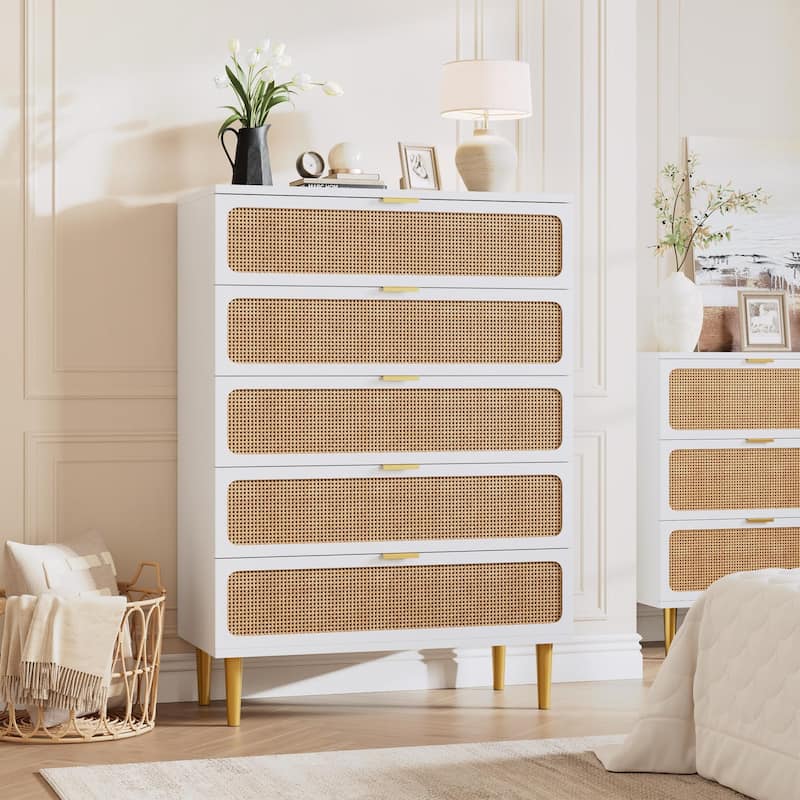 5/6 Drawer Rattan Dresser for Bedroom, Large Freestanding Wooden Chest Storage - 5-drawer - White