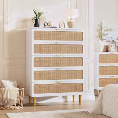 5/6 Drawer Rattan Dresser for Bedroom, Large Freestanding Wooden Chest Storage