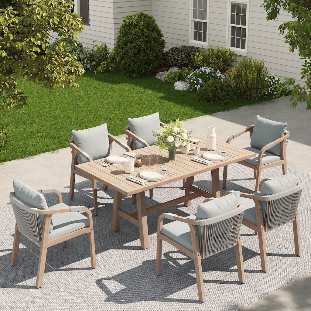 Outdoor Rope Dining Chair and Wood Dining Table Set of 7