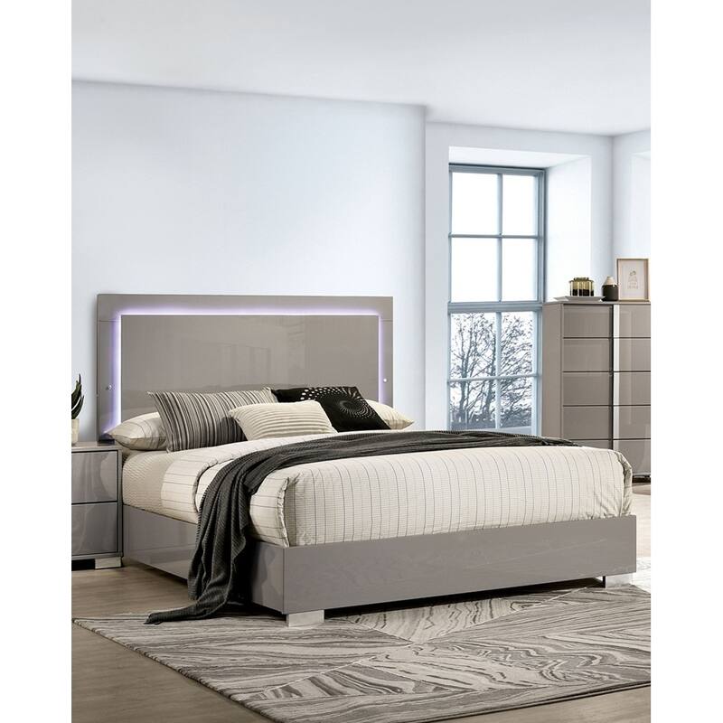 Queen Size Bed with LED-Illuminated Headboard, Sleek UV Finish, Chrome Legs and Vertical Handle Accents