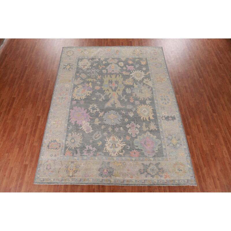 Hand Knotted Oriental 100% Wool Carpet Transitional All-Over Greys & Charcoal Oushak Area Rug - 11' 10'' X 8' 9''