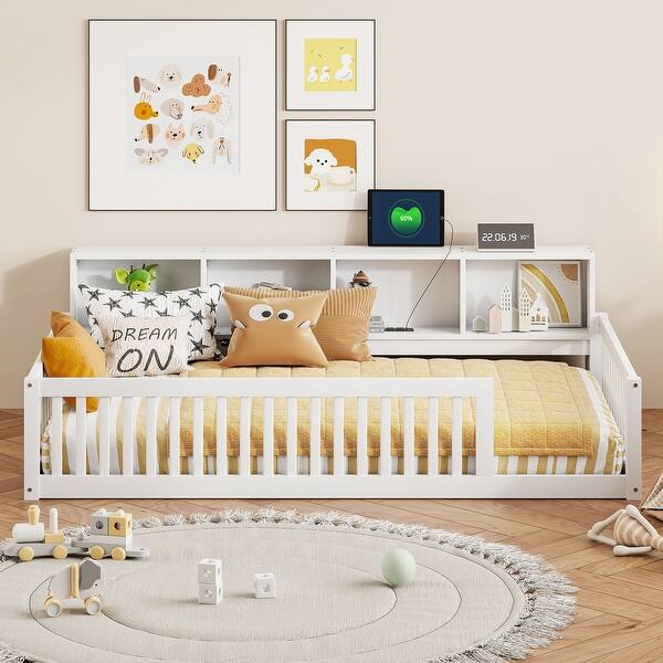 slide 2 of 36, Wood Twin XL Size Floor Bed with Storage Cabinets and USB Ports, Solid Wood Bedframe w/Fence, No Box Spring Needed White