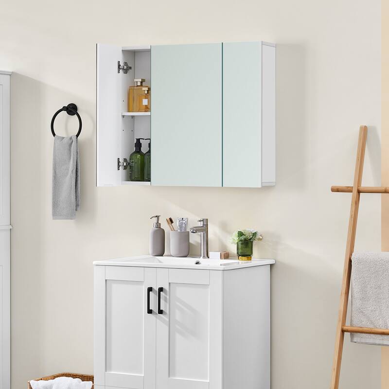 Yaheetech Frameless Bathroom Wall Mount Cabinet Hanging Storage Cabinet with Mirrors, White - White - Wood Finish