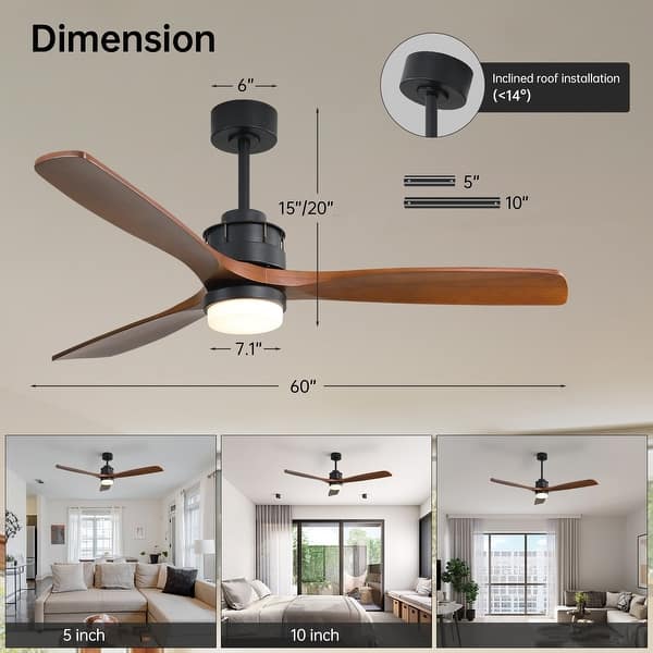 dimension image slide 21 of 29, Sofucor 42"/48"/ 52"/60"Noiseless Walnut Wood Ceiling Fan with Remote Control, Integrated Light Optional