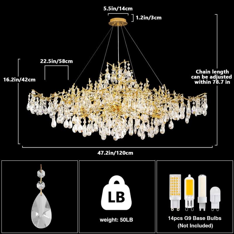 KAYLA 47.2" 14-Lights Gold Luxury Crystal Linear Chandelier - N/A