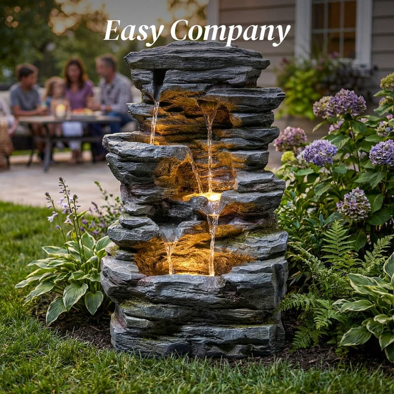 Outdoor Four-Tier Rock Fountain with LED Lighting and Natural Rock Design