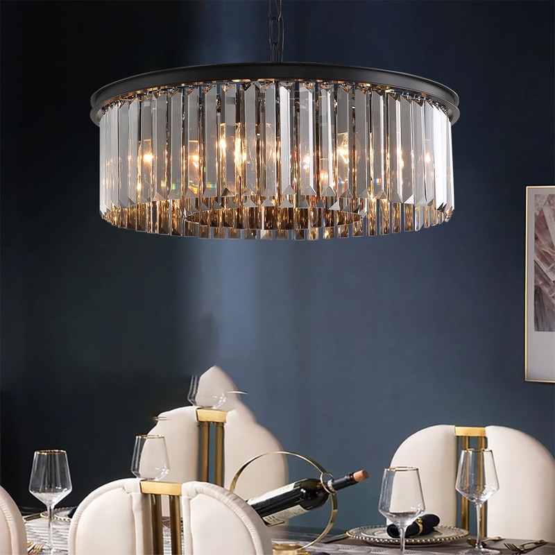SILJOY 22-inch Smoky Gray Round Chandelier 2-Tier Modern Crystal Chandelier Kitchen Island Pendant Light for Dining Room Bedroom