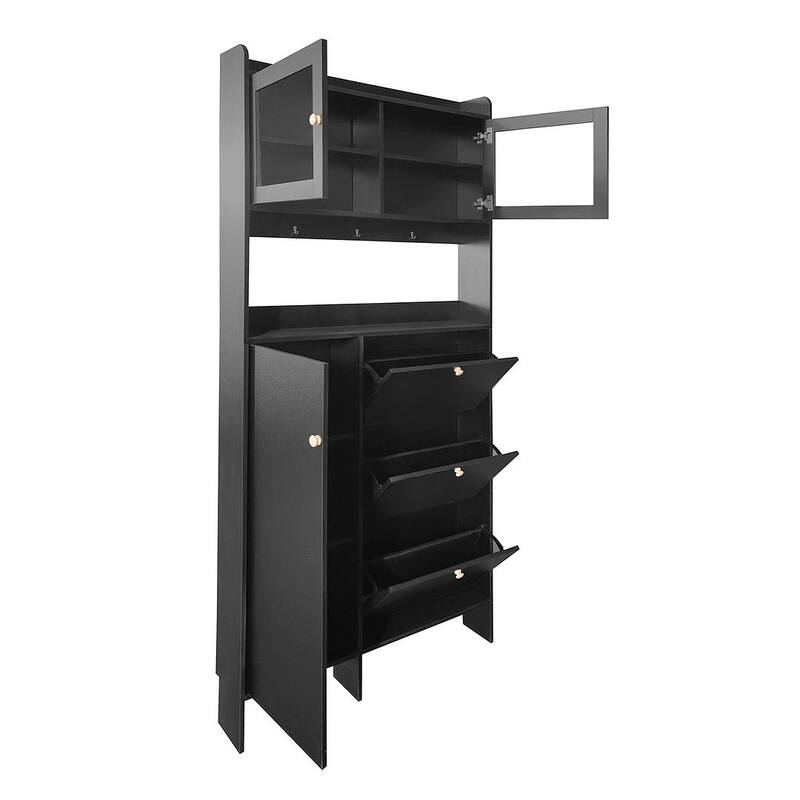 Hall Tree and Shoe Storage Bench with Flip Drawers and Doors