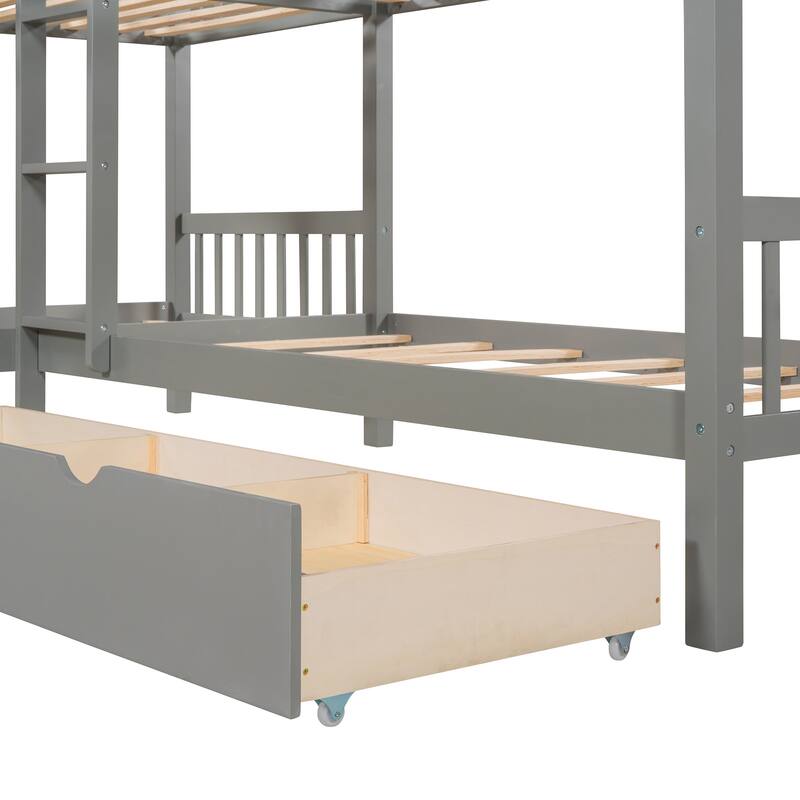 Mission-Style L-Shaped Twin Bunk Bed with Storage Drawers, Durable Pine Wood Frame