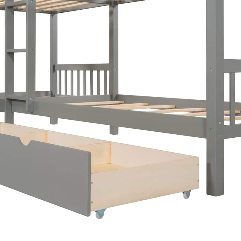 Twin Solid Pine L-Shaped Bunk Bed with Drawers