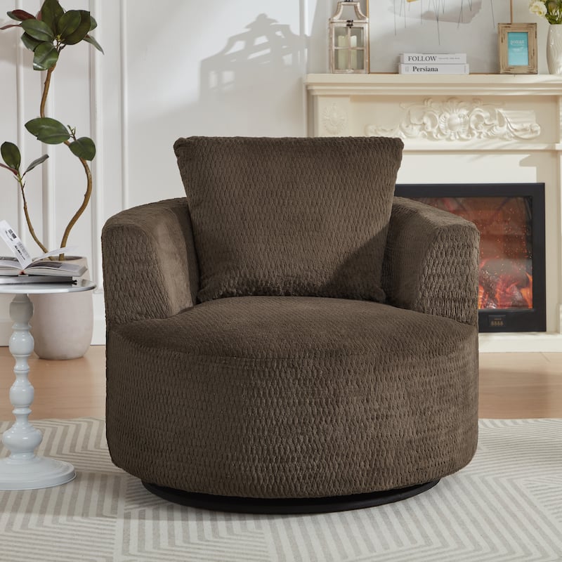 Compressible Swivel Accent Chair, Ergonomic Single Sofa Chair, Upholstered Lounge Chair with Wooden Base for Living Room - Dark Brown