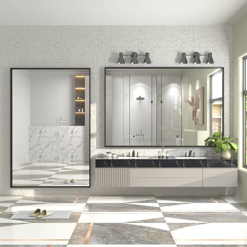 Full Size Metal Frame Wall Mirror Black Tempered Glass for Bathroom
