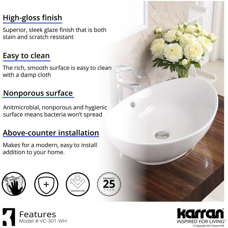 Karran USA VC-301 Valera 22-7/8" Oval Vitreous China Vessel Bathroom
