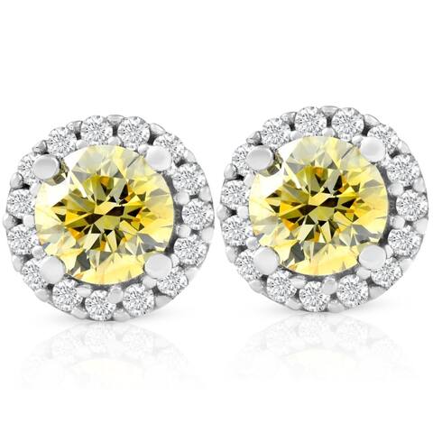 1/2 Ct Halo Fancy Canary Yellow Lab Grown Diamond Studs 10k White Gold Earrings