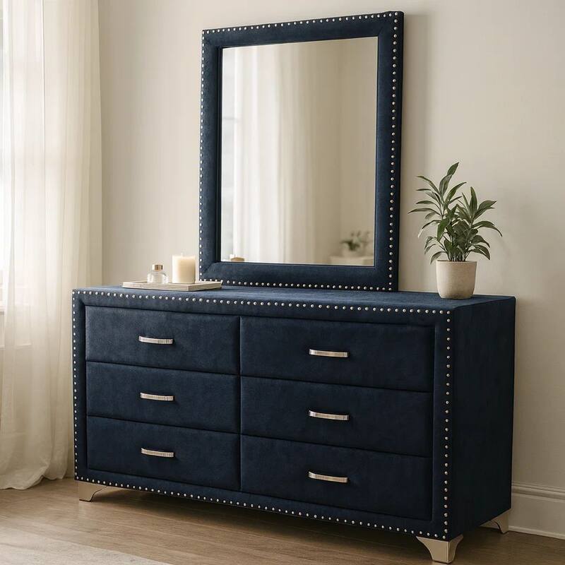 Giya Wide Dresser with Rectangular Rivet Trim Mirror, Navy Blue Velvet