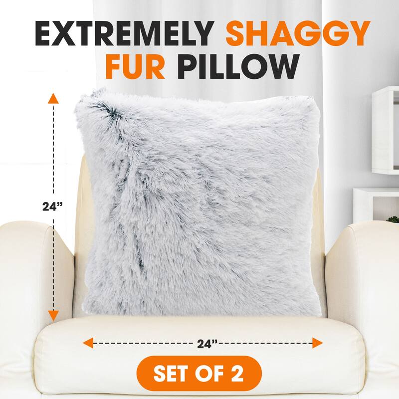 Cheer Collection Super Soft Shaggy Long Hair Throw Pillows Set of 2 Plush Accent Cushions
