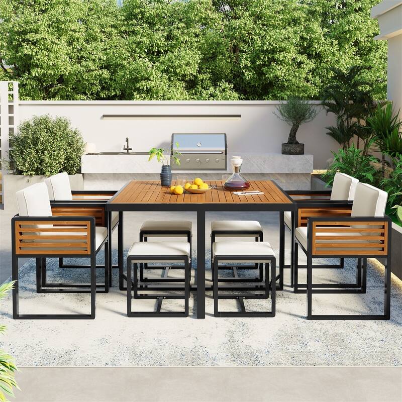9-Piece/18-Piece Acacia Wood Patio Dining Set, Outdoor Dining Table Set with Cushioned Chairs, Ottomans and 1 Square Table