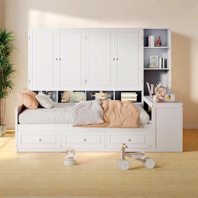 Full Size Daybed with Built-In Desk and Storage,4 Shelves, 2 Cabinets and 3 Drawers - White