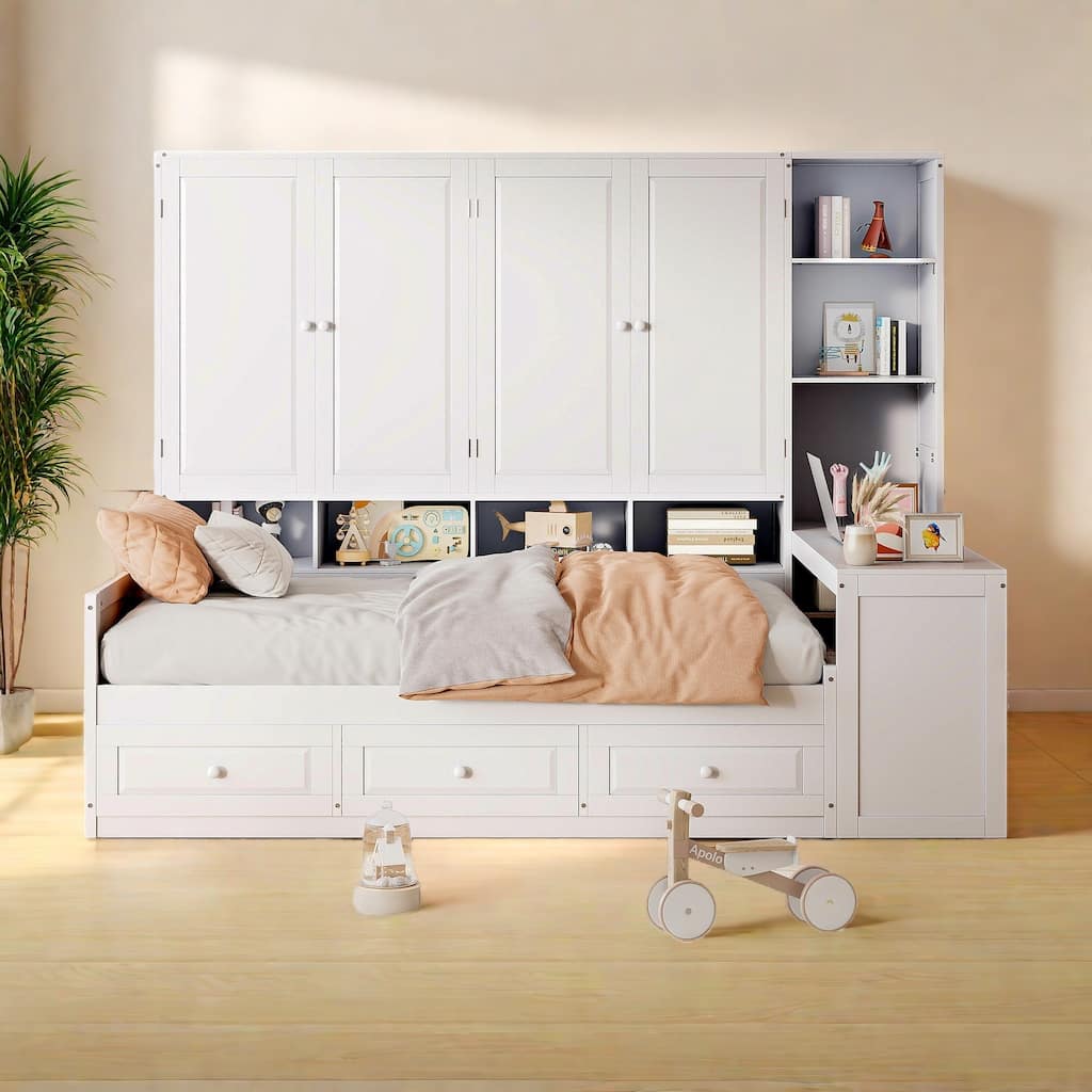 Full Size Daybed with Built-In Desk and Storage,4 Shelves, 2 Cabinets and 3 Drawers
