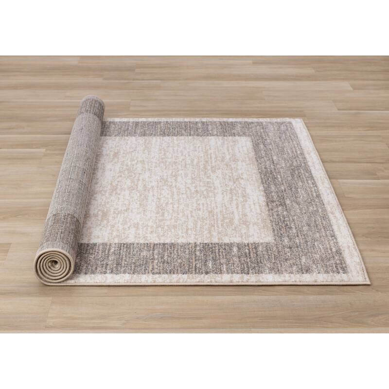 Covington Beige Taupe White Distressed Simple Border Area Rug