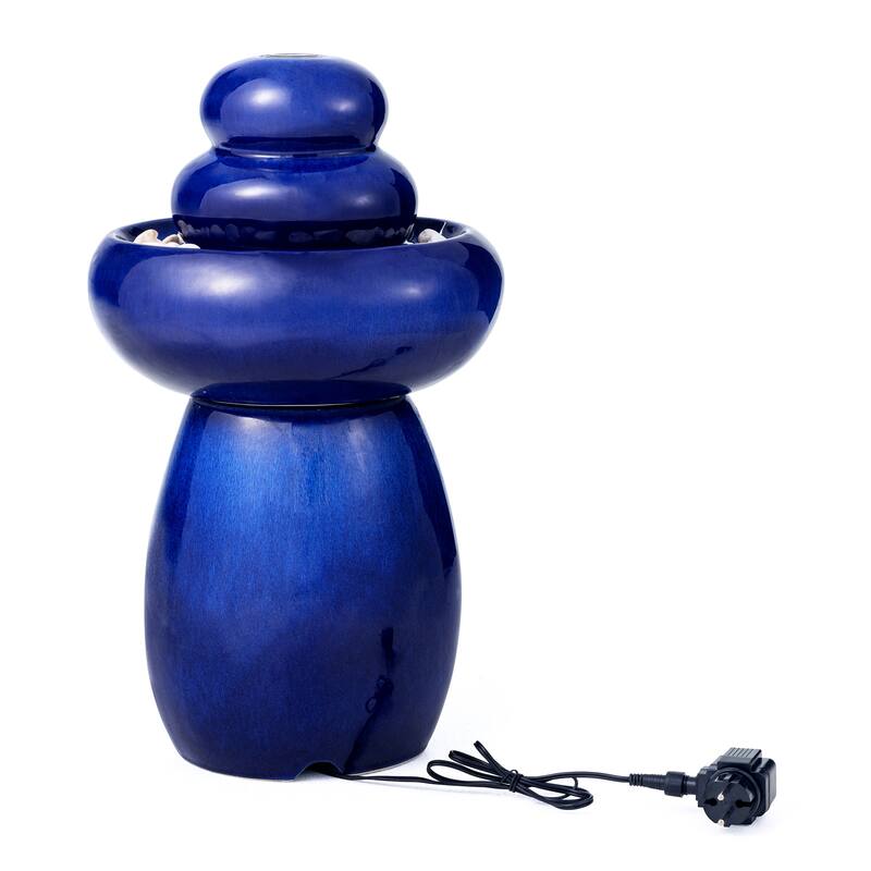 Glitzhome 22"H Zen-Style Cobalt Blue Pebbles Outdoor Ceramic Fountain with Pump and LED Light
