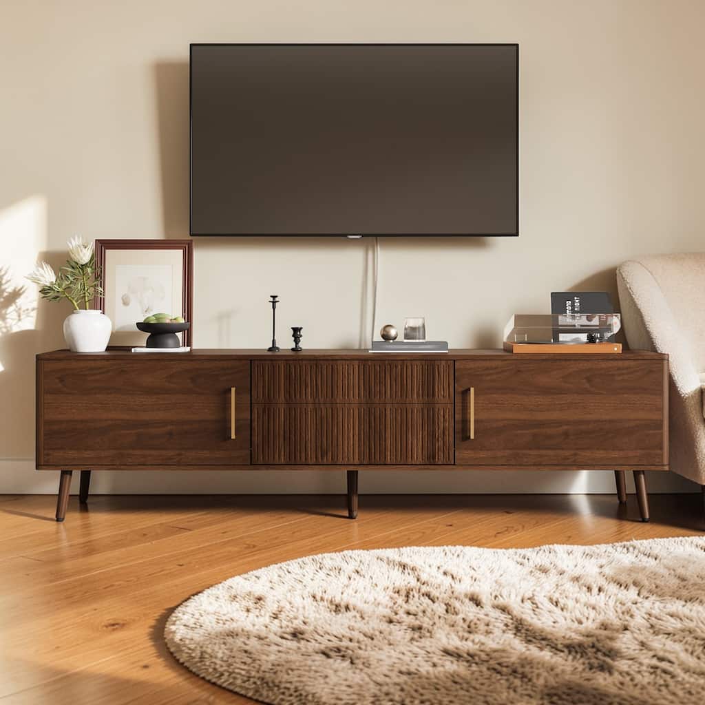 Mid Century 71" TV Stand for 80 Inch TVs, Media Console Table with 2 Drawers and Cabinets, Walnut Entertainment Center