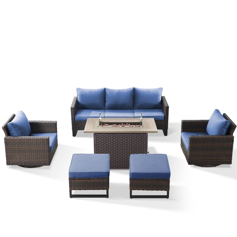 Patio Sofa 2 Swivel Chairs Ottomans and Fire Table Brown-Blue - Brown