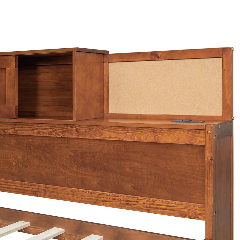 Twin Size Wooden Daybed with Storage Drawers, USB Ports, and Shelf, Walnut Finish