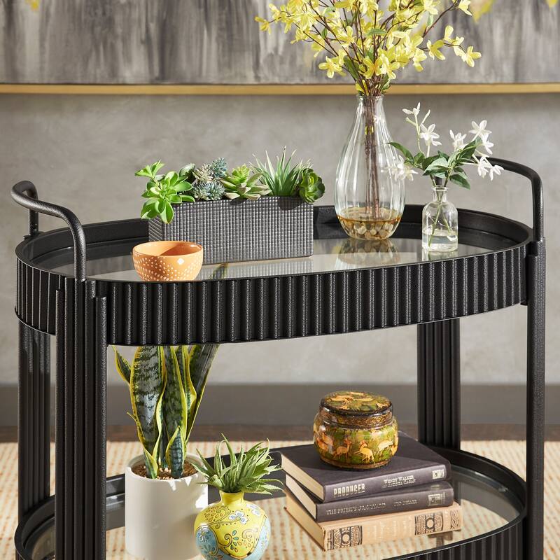 Anaconda Black Finish Metal Oval Bar Cart with Clear Tempered Glass by iNSPIRE Q Modern
