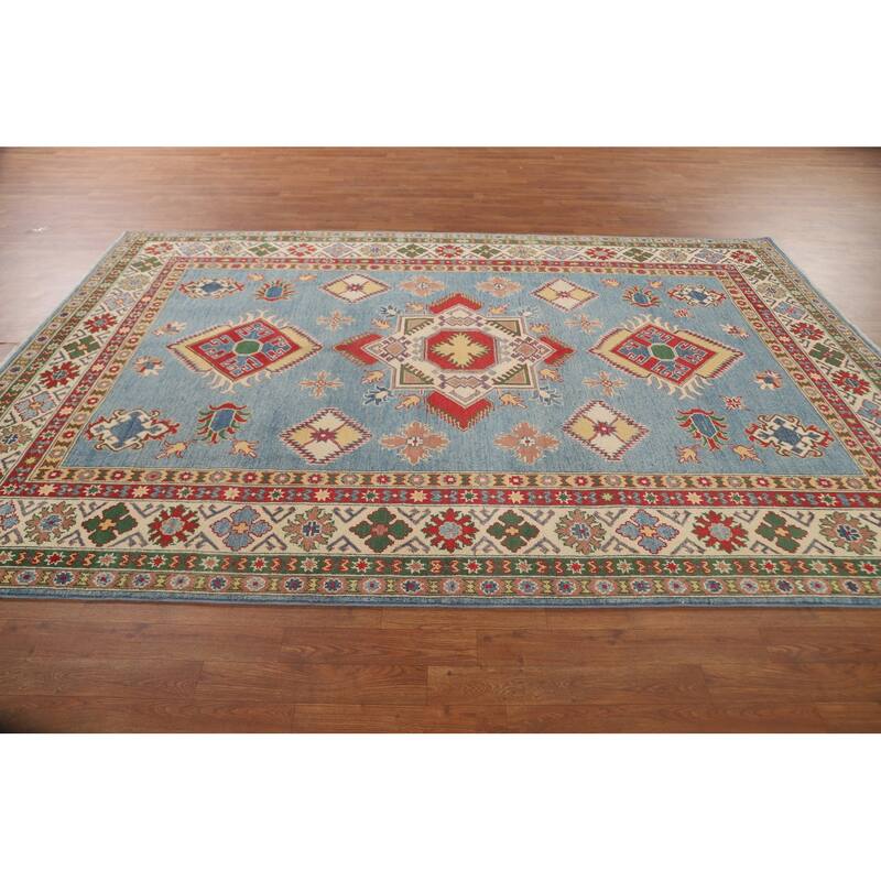 Blue Geometric Kazak Area Rug Hand-Knotted Traditional Wool Carpet - 6'8" x 9'9"