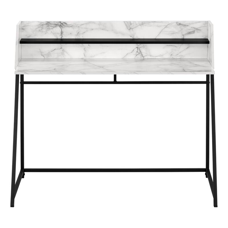 Computer Desk, Home Office, Laptop, Storage Shelves, 48"l, Work, White Marble Look Laminate, Black Metal, Contemporary, Modern