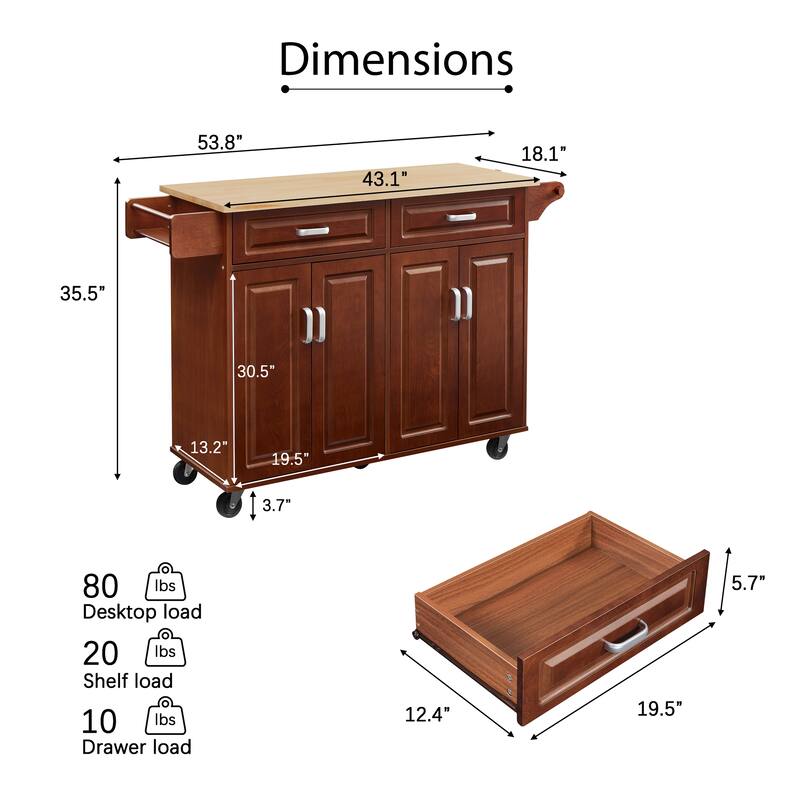 Kitchen Island with Storage, Rolling Kitchen Island Cart On Wheels 2 Cabinets 2 Drawers, Spice Towel Rack Mobile Kitchen Table