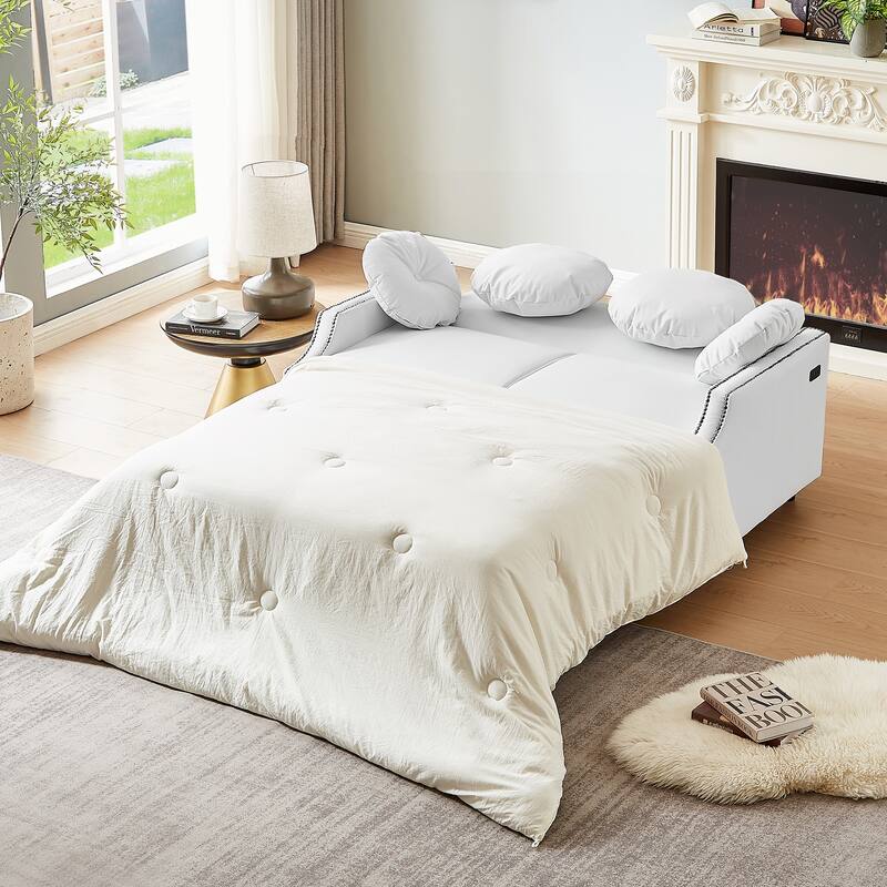 Loveseat Sofa Bed with Adjustable Button Tufted Backrest, 2 USB Ports and 4 Pillows
