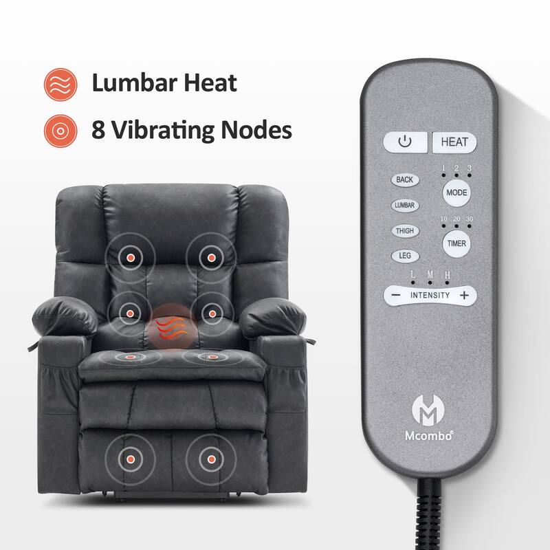 MCombo Medium Dual Motor Power Lift Recliner Chair Infinite Position, Massage and Heat, Extended Footrest, Faux Leather 7890