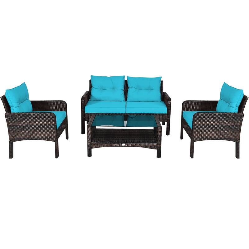 Costway 4PCS Patio Rattan Furniture Set Loveseat Sofa Coffee Table - 28'' x26'' x29''