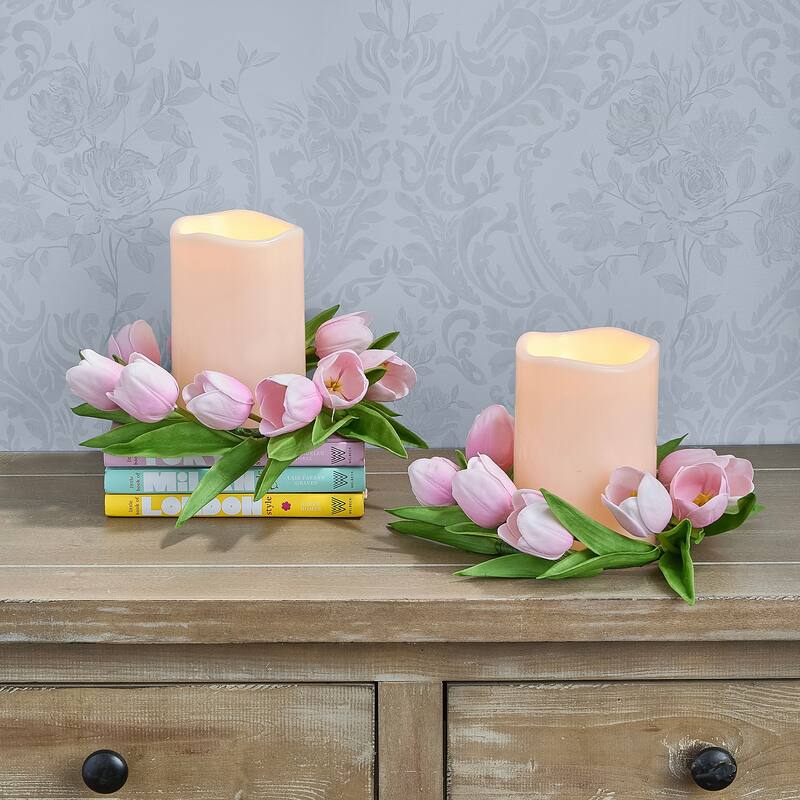 11" Pu Tulip Candle Ring - Pink