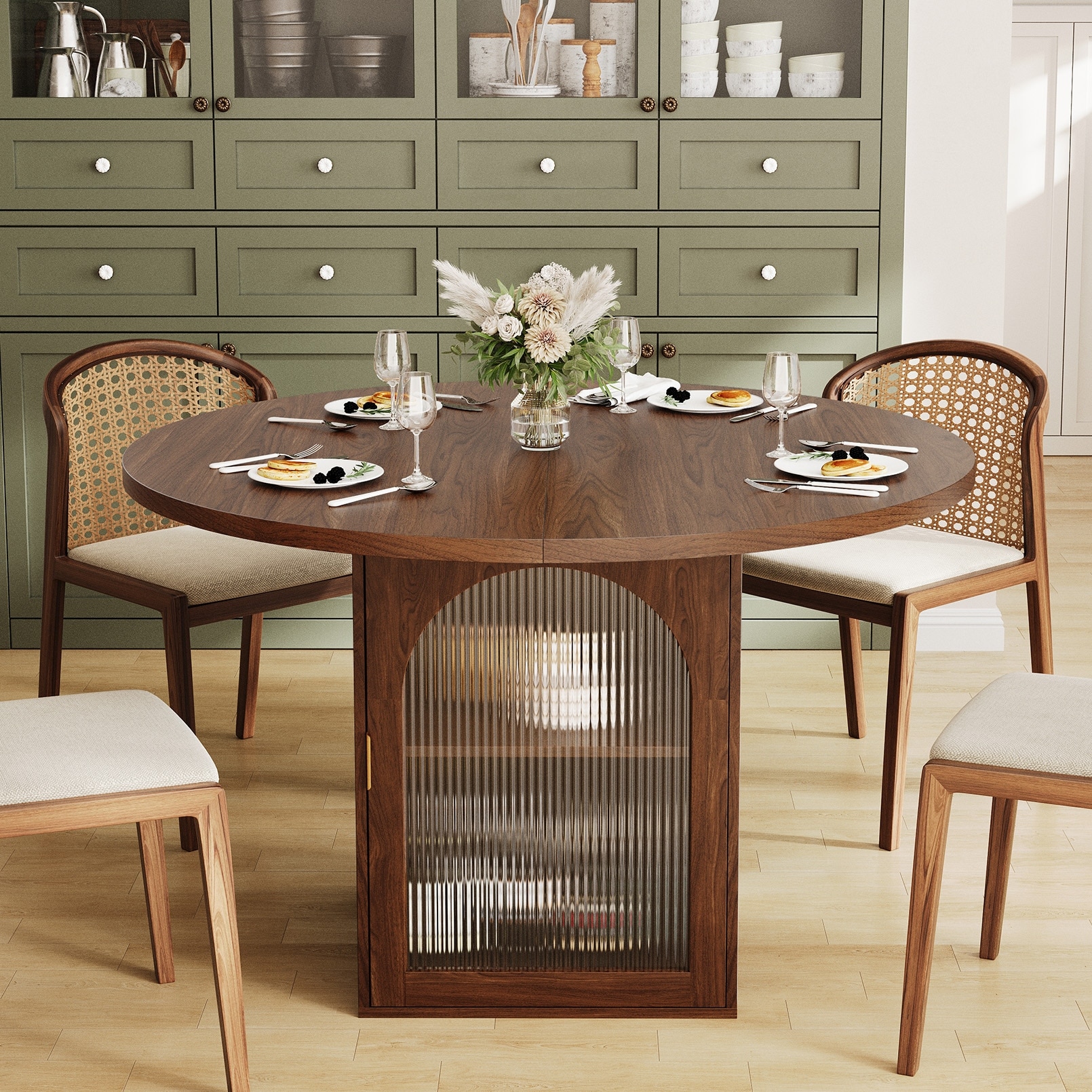 Rossetta Round Classic Color Finish Dining Table with Ribbed Glass Door and Storage Area