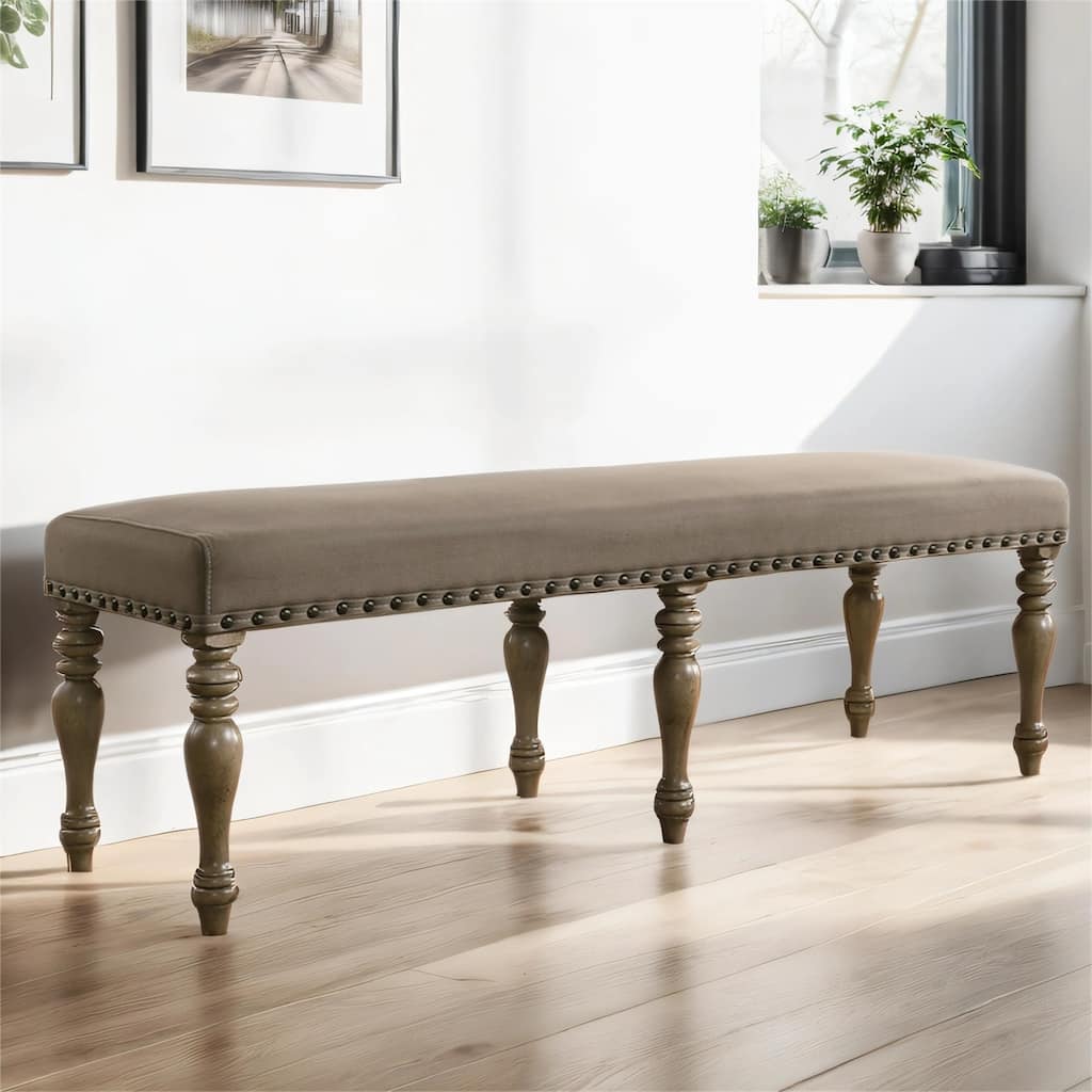 Microfiber Upholstered Bench with Nail Head Trim in Driftwood Finish